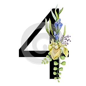 Floral spring alphabet. Number 4. Font element with spring garden flower bouquets composition. Flower number four