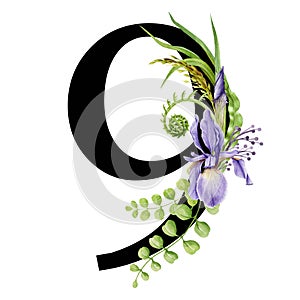 Floral spring alphabet. Number 9. Font element with spring garden flower bouquets composition. Flower number nine