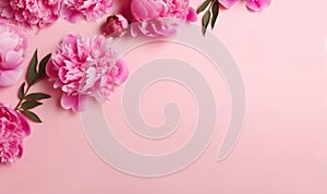 Floral spring banner in pastel colors with pink peony. Copy space.