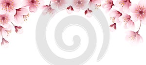Floral Spring Cherry Flowers Blossom Border. Realistic banner with pink blossom background on soft light background for