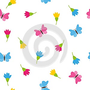 Floral spring colorful blossoms and butterflies on white background romantic concept seamless pattern