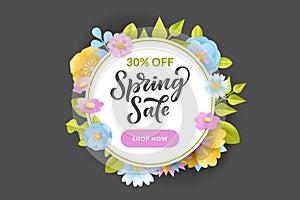 Floral spring frame on black background. Vector sale banner, flyer, poster template. Papercut style illustration