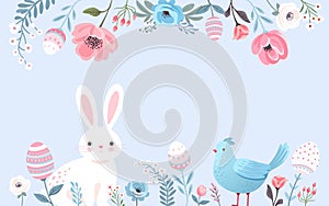 Floral spring horizontal banner. Bee, flowers, plants, cute bunnies, birds and Easter eggs in pastel colors