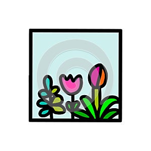 Floral square logo icon in cartoon doole style growing plants