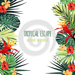 Floral square postcard design with guzmania and hibiscus flowers, monstera and royal palm leaves. Exotic hawaiian vector