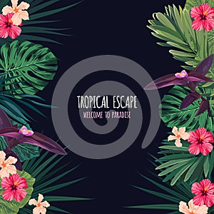 Floral square postcard design with hibiscus flowers, monstera and royal palm leaves. Exotic hawaiian vector background