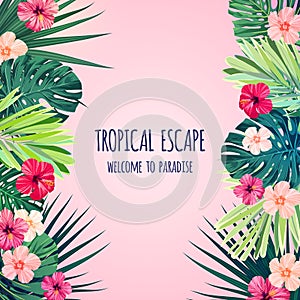 Floral square postcard design with hibiscus flowers, monstera and royal palm leaves. Exotic hawaiian vector background