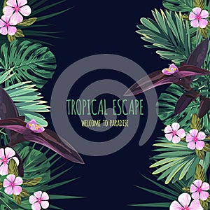 Floral square postcard design with tropical flowers, monstera and royal palm leaves. Exotic hawaiian vector background