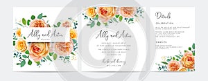 Floral square wedding invite, details card. Peach orange, yellow color rose flowers, green eucalyptus branches, leaves bouquet.