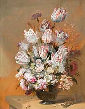 Floral still life with lizard, painting by Hans Bollongier