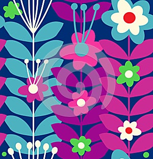 Floral stylish seamless pattern. Cute doodle flowers on dark background