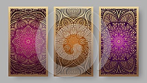 Floral stylized golden pattern. Collection back side of cards