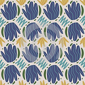 Floral stylized retro abstract seamless pattern. Flowers elements endless background. Simple botanic loop ornament. Vector flat