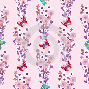 Floral summer bouquet and cute butterflies, beautiful pastel seamless pattern, light lilac and purple shades. Vector illustration