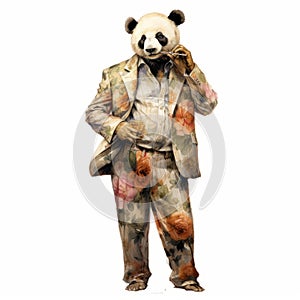 Floral Surrealism: Colorized Panda Bear In Vintage Watercolor Style photo