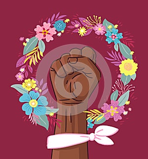 Floral Symbol of Feminism Movement. African American Woman Hand with her fist raised up. Wreaht of Flowers. Girl Power Sign on
