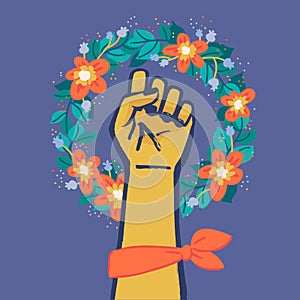 Floral Symbol of Feminism Movement. Woman Hand with her fist raised up. Wreaht of Flowers. Girl Power Sign on Violet Background.