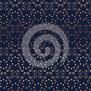 Floral symmetrical seamless pattern texture. Shiny copper gold gradient on dark blue background. Indian mandala style.