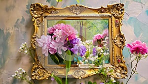 Floral Symphony: Peonies and Irises in a Gilded Frame