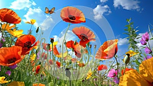 Floral Symphony: Poppies, Butterfly, and the Azure Sky