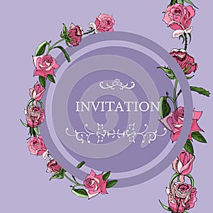 Floral template for invitation with circle and pink rose flowers. Hand drawn sketch on lillac background.