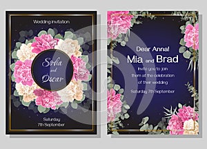 Floral template for a wedding invitation. Round frame made of peony flowers, eucalyptus, green leaves and plants, dark background