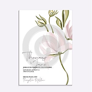 Floral tender soft magnolia vector illustration. Wedding invitation card template design, pink peony flowers and calla lily