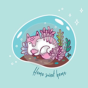 Floral terrarium with cute kawaii cat. Vector print. Sweet home