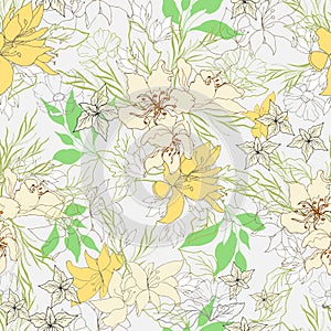 Floral texture for fabric. Seamless ornament of flowers and leaves on a white background. Vintage texture for decorating fabric, t