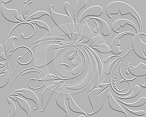 Floral textured 3d seamless pattern. Leafy embossed vector background. Repeat relief beautiful backdrop. Wallpaper. Emboss 3d