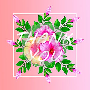 Floral Thank you card with beautiful realistic cute petunias flowers on elegant coral-pink gradient background in modern style.