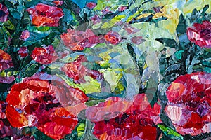 Floral themes in art. Picturesque red poppies in oil painting