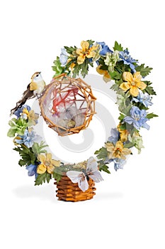 Floral topiary with a bird and its nest over white background