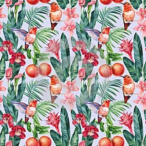Floral trendy tropical seamless pattern with palm leaves in watercolor style. Flower, fruit, leaf and hummingbird bird