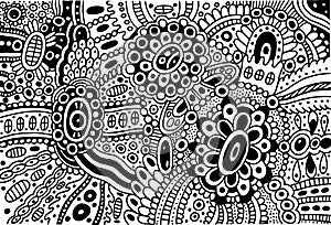 Floral trippy ornament with patterns and leaves. Zendoodle detailed folk art coloring page for adults. Abstract psychedelic