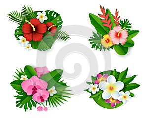 Floral tropical composition set, vector isolated illustration in paper art style. Exotic flowers and plants bouquets.