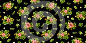 Floral tropical flowers leaves pattern Dark summer seamless exotic background. Hibiscus, palm leaves Vector