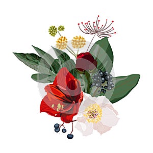 Floral tropical illustration, Leaf and flowers. Botanic composition for wedding, greeting card.