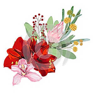 Floral tropical illustration, Leaf and flowers. Botanic composition for wedding, greeting card.