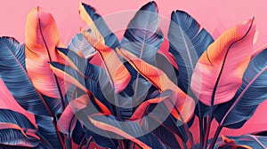 Floral tropical palms and banana leaves in a summer style. Pattern modern seamless on pink background. Plant flower