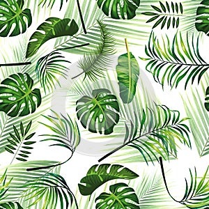 Floral tropical seamless pattern background with exotic flowers, jungle leaves, monstera leaf paradise flower bac