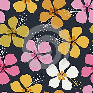 Floral tropical seamless pattern on black background. Multicolored tropical fantasy flowers.