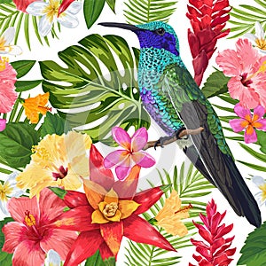 Floral Tropical Seamless Pattern with Exotic Flowers and Humming Bird. Blooming Flowers, Birds, Palm Leaves Background