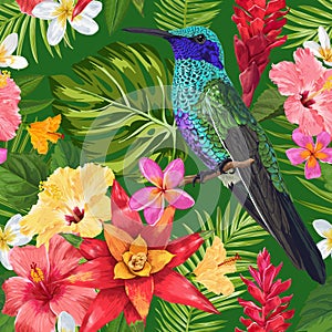 Floral Tropical Seamless Pattern with Exotic Flowers and Humming Bird. Blooming Flowers, Birds, Palm Leaves Background