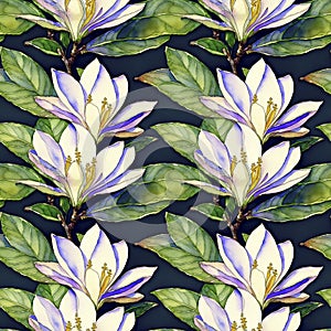 Floral tropical seamless watercolor pattern with Magnolia flowers and green leaves, AI generated