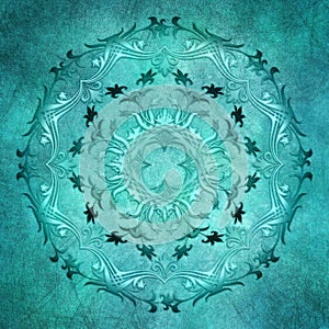 Floral turquoise mandala on grunge background.