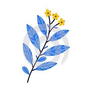 Floral Twig with Small Yellow Floret and Leaves as Cute Foliage Vector Illustration