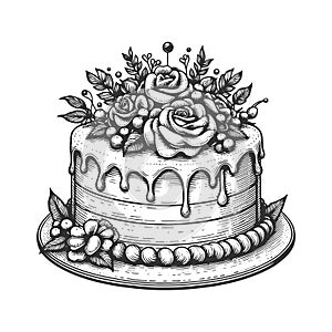 Floral Two-Tier Cake sketch raster illustration