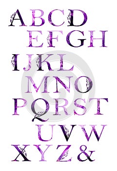 Floral typeface set in violet shades. Poster capital letters of the Latin. Artistic watercolor script font. Typography