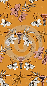 Floral vagina retro vloom pattern, seamless funny design. Cloth vulva texture , female organ erotic design. Summer tropical